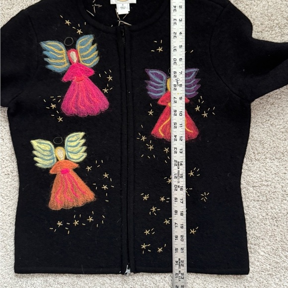 Talbots Vintage Black Cardigan with Colorful Angel Embroidery 100% Wool - Picture 8 of 8